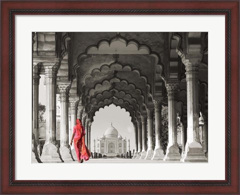 Framed Woman in traditional Sari walking towards Taj Mahal (BW) Print