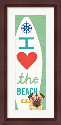 Framed Beach Bums Pug Surf Board Print