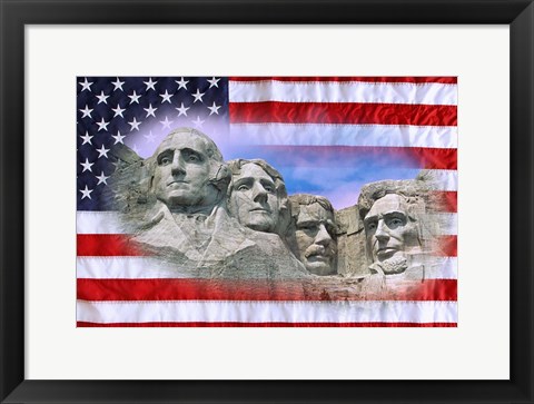 Framed American flag and Mt Rushmore National Monument, South Dakota Print