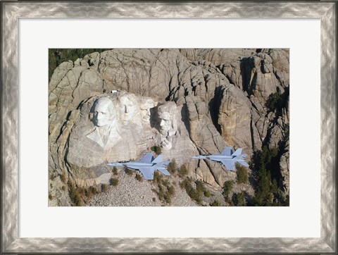 Framed Two F/A-18E Super Hornets conduct a fly by of Mount Rushmore Print