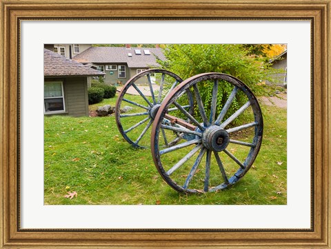Framed Wagon wheels at Oliver Lodge on Lake Winnipesauke, Meredith, New Hampshire Print
