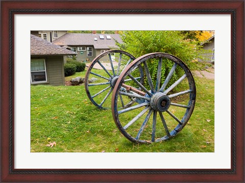 Framed Wagon wheels at Oliver Lodge on Lake Winnipesauke, Meredith, New Hampshire Print