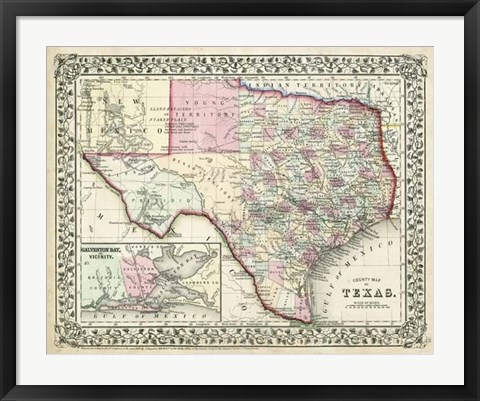 Framed Johnson&#39;s Map of Texas Print