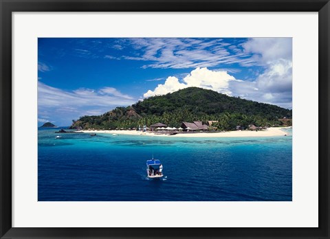 Framed Boat Approaching Castaway Island Resort, Mamanuca Islands, Fiji Print