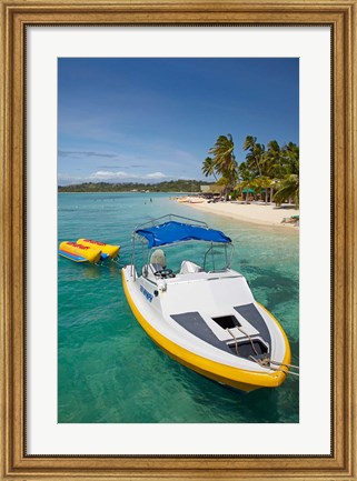 Framed Powerboat and banana boat, Plantation Island Resort, Malolo Lailai Island, Mamanuca Islands, Fiji Print