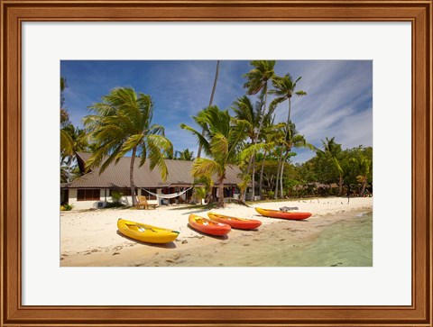 Framed Kayak on the beach, and waterfront bure, Plantation Island Resort, Malolo Lailai Island, Mamanuca Islands, Fiji Print