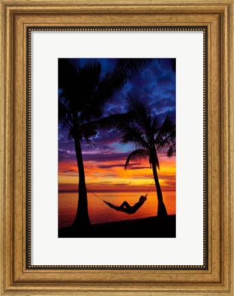 Framed Woman in hammock, and palm trees at sunset, Coral Coast, Viti Levu, Fiji Print