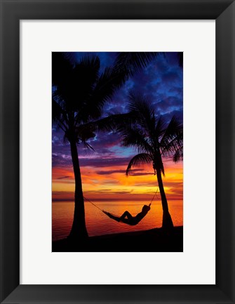 Framed Woman in hammock, and palm trees at sunset, Coral Coast, Viti Levu, Fiji Print