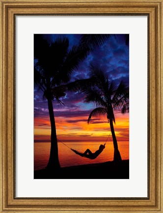 Framed Woman in hammock, and palm trees at sunset, Coral Coast, Viti Levu, Fiji Print