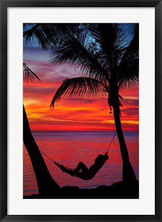 Framed Woman in hammock, and palm trees at sunset, Fiji Print