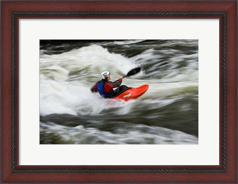 Framed Kayaker plays in a hole in Tariffville Gorge, Farmington River in Tariffville, Connecticut Print