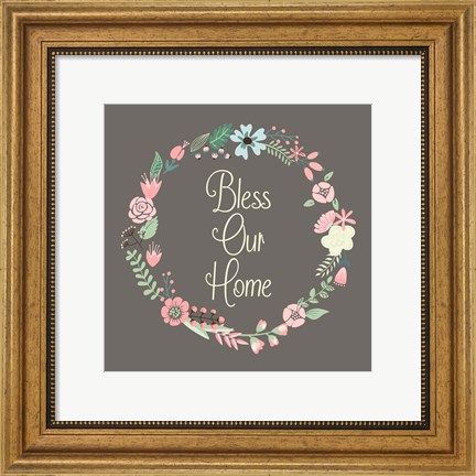 Framed Bless Our Home Floral Brown Print