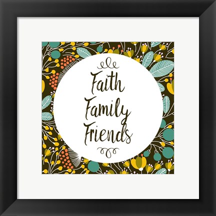 Framed Faith Family Friends Retro Floral Black Print