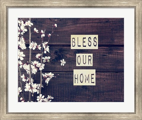 Framed Bless Our Home Flowers on Wood Background Print