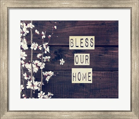 Framed Bless Our Home Flowers on Wood Background Print