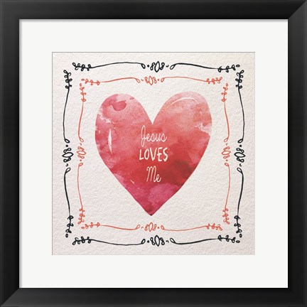 Framed Watercolor Heart Jesus Loves Me Print