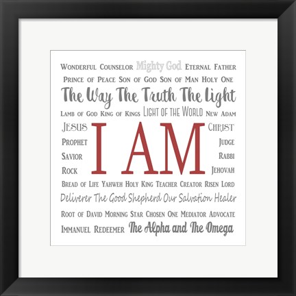 Framed Names of Jesus Square Gray and Red Text Print