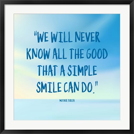 Framed Simple Smile - Mother Teresa Quote (Blue) Print