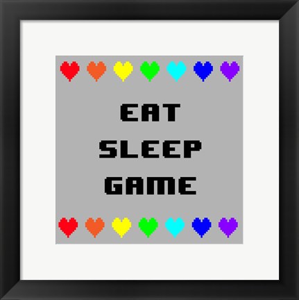 Framed Eat Sleep Game -  Gray with Pixel Hearts Print