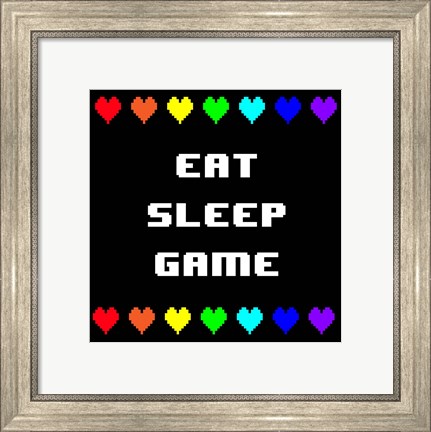 Framed Eat Sleep Game -  Black with Pixel Hearts Print