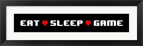 Framed Eat Sleep Game -  Black Panoramic with Pixel Hearts Print