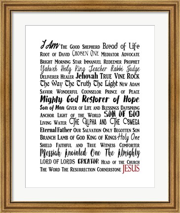 Framed Names of Jesus Rectangle Black and Red Text Print