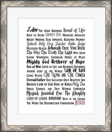 Framed Names of Jesus Rectangle Black and Red Text Print