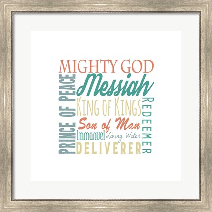 Framed Names of Jesus Square Green and Orange Text - White Print