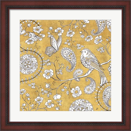 Framed Color my World Bird Paisley I Gold Print