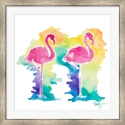 Framed Sunset Flamingo Square I Print