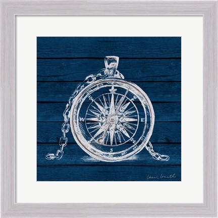 Framed Compass on Blue Wood Print