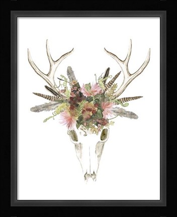 Framed Deer Skull &amp; Flowers I Print