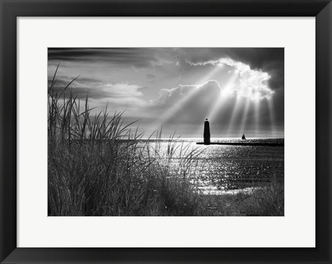 Framed Frankfort Lighthouse and Sunbeams, Frankfort, Michigan &#39;13-IR Print