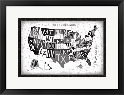 Framed Letterpress USA Map Dark Print