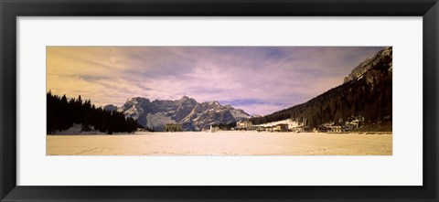 Framed Frozen Lake with Town at Mountainside, Lake Misurina, Veneto, Italy Print