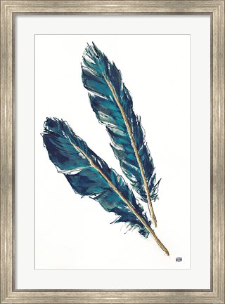 Framed Gold Feathers III Indigo Print