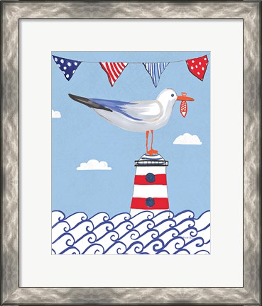 Framed Coastal Bird I Flags on Blue Print