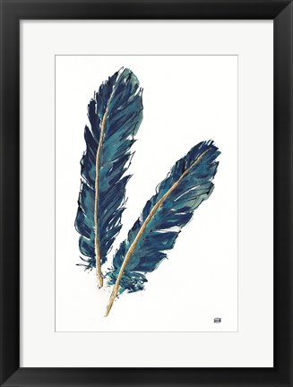 Framed Gold Feathers IV Indigo Print