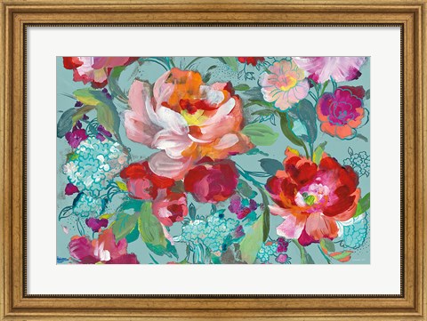 Framed Bright Floral Medley Crop Turquoise Print