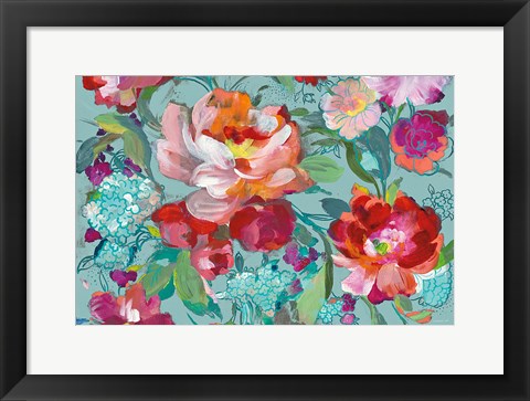 Framed Bright Floral Medley Crop Turquoise Print