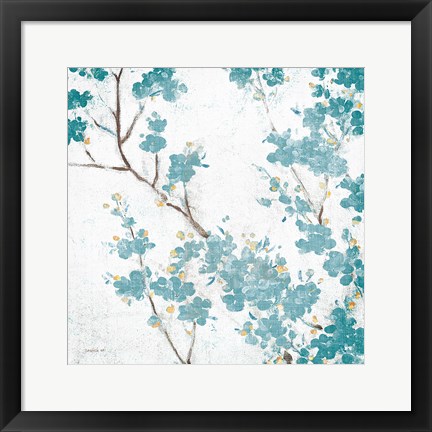 Framed Teal Cherry Blossoms II on Cream Aged no Bird Print