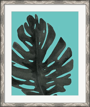 Framed Tropical Palm I BW Turquoise Print
