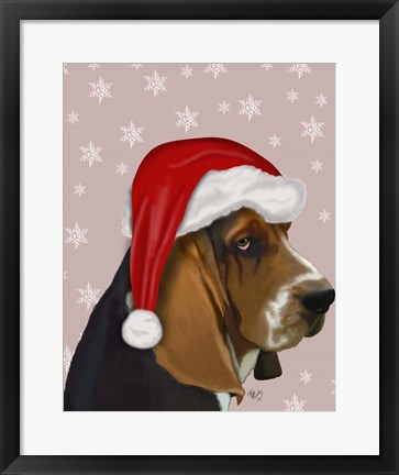 Framed Basset Hound, Christmas Hat Print