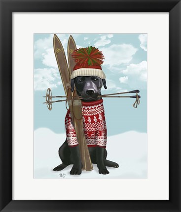 Framed Black Labrador, Skiing Print