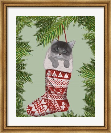 Framed Grey Kitten in Christmas Stocking Print