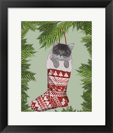 Framed Grey Kitten in Christmas Stocking Print