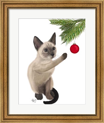 Framed Siamese Cat and Bauble Print