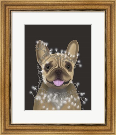 Framed French Bulldog, Christmas Lights 2 Print