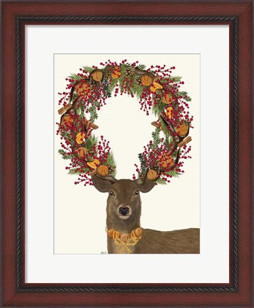 Framed Deer, Cranberry and Orange Wreath, Full Print