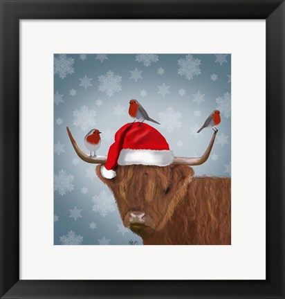 Framed Highland Cow and Robins Print